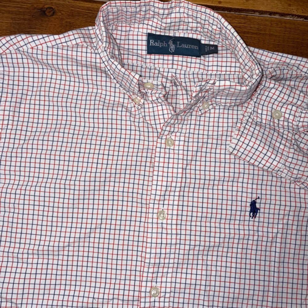 Ralph Lauren Button Down Shirt Mens MED White Red Blue Plaid Long Sleeve Cotton